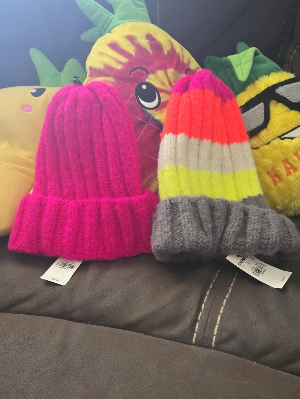 Express Women's Hot Pink Knit Beanie & Multicolor Stripe Beanie Set